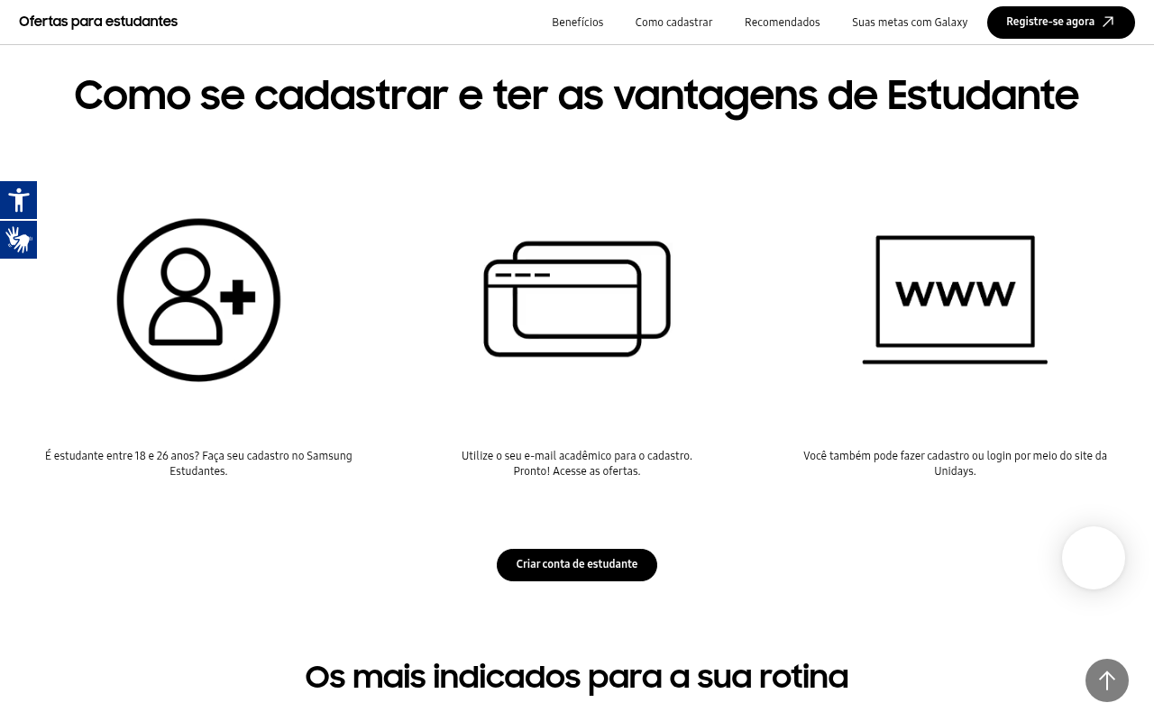 Seção 'Como se cadastrar e ter as vantagens de Estudante' na página oficial da Samsung, mostrando os três passos: cadastro no Samsung Estudantes para quem tem entre 18 e 26 anos, uso do e-mail acadêmico e a opção de cadastro pelo site da Unidays