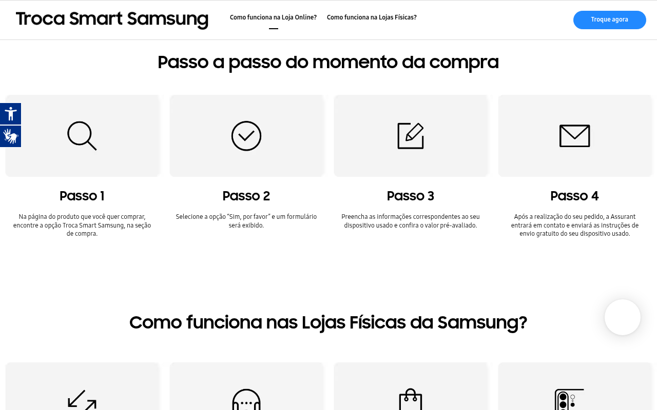 Página oficial do Troca Smart Samsung mostrando os quatro passos do momento da compra na loja online: encontrar a opção na página do produto, selecionar 'Sim, por favor', preencher os dados do aparelho usado e receber as instruções de envio da Assurant
